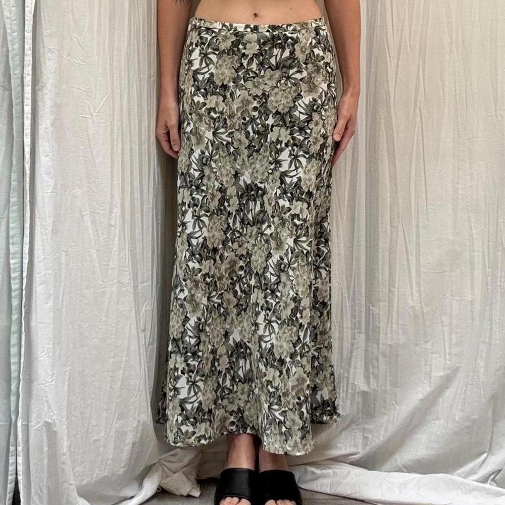 Sage Green‎ and White Floral Maxi Hip Hugger Skirt Vintage 90s Segue Small